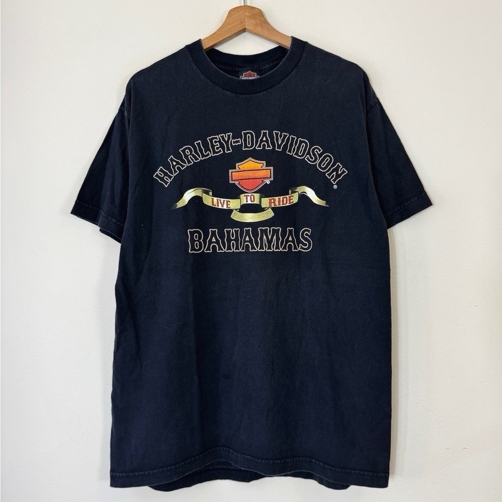 Vintage Harley Davidson Bahamas Skull Pirate Flames Black Tee Shirt